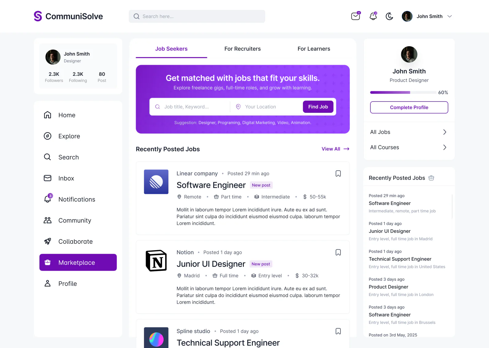 CommuniSolve marketplace with job search and recently posted jobs