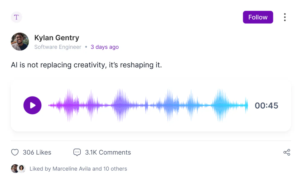 A voice-note post: AI is not replacing creativity, it's reshaping it